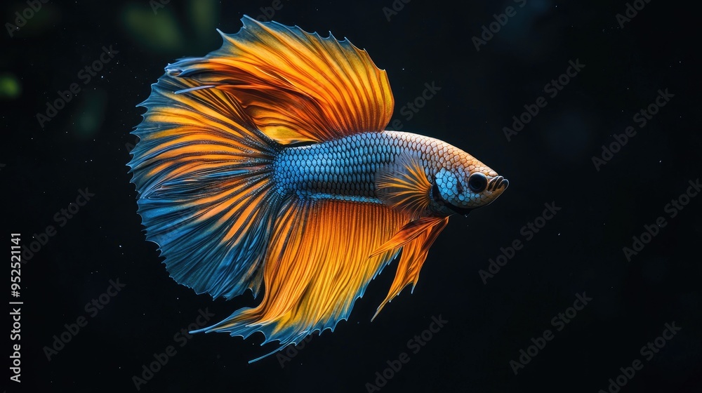 The striking colors of a Halfmoon Betta, gracefully swimming against a black background The striking colors of a Halfmoon Betta, gracefully swimming against a black background