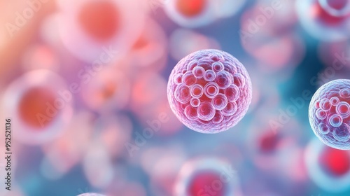 High magnification of stem cells differentiating into specialized types, cell lineage, microscopic view photo