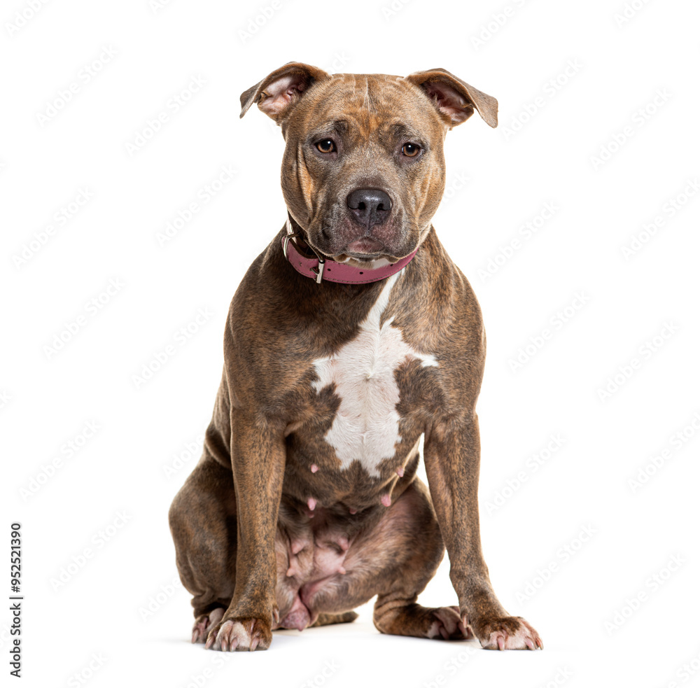 American staffordshire terrier with a pink collar sitting on a white background American staffordshire terrier with a pink collar sitting on a white background