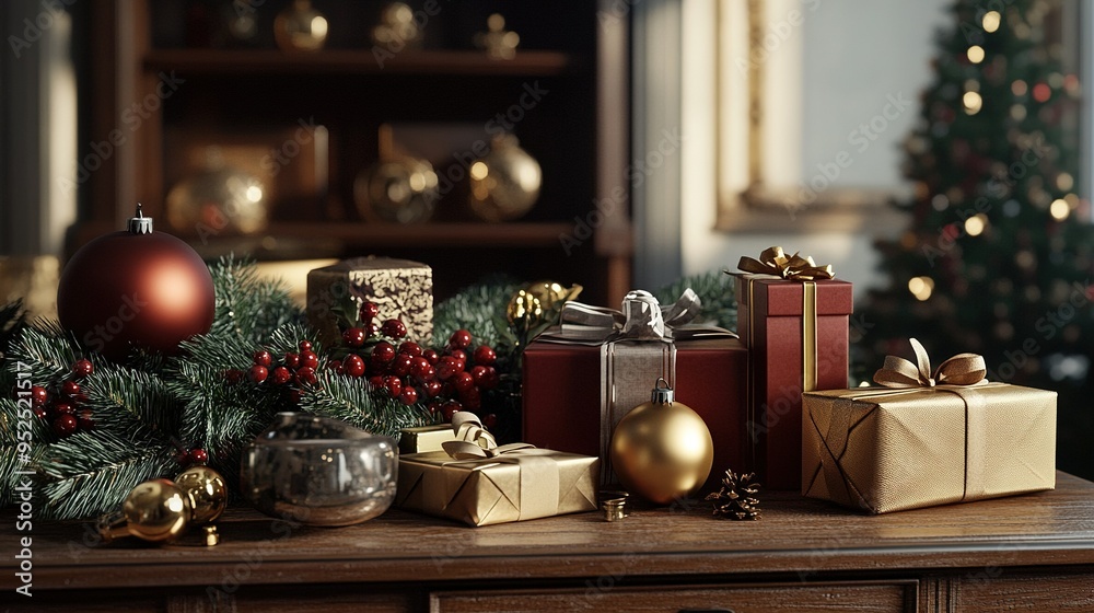 Festive holiday decor with wrapped gifts, ornaments on a wooden table, greenery, and a beautifully decorated Christmas tree Festive holiday decor with wrapped gifts, ornaments on a wooden table, greenery, and a beautifully decorated Christmas tree