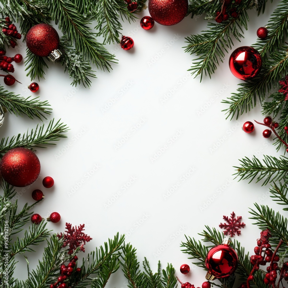 Christmas Decorations Frame Red Ornaments Pine Branches Snowflake Christmas Decorations Frame Red Ornaments Pine Branches Snowflake