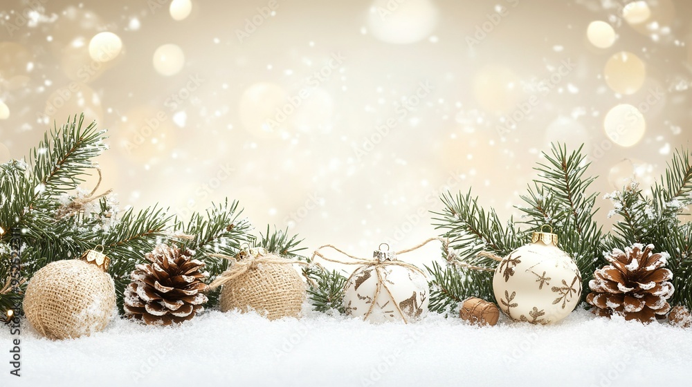 Festive winter decorations featuring ornaments, pine cones, and greenery set against a soft golden background during the holiday season Festive winter decorations featuring ornaments, pine cones, and greenery set against a soft golden background during the holiday season