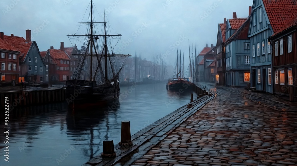 Fototapeta premium Historic European Harbor Town with Sailing Ships at Dusk