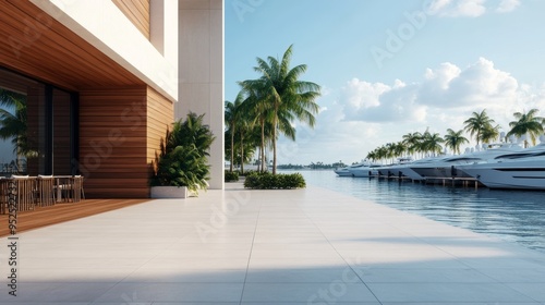 Modern Luxury Waterfront Patio with Palm Trees and Yachts