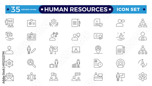Set of outline icons related to HR, Human Resources, Recruitment, Employment, business, office, company, and management. Linear icon collection. Editable stroke outline icon.