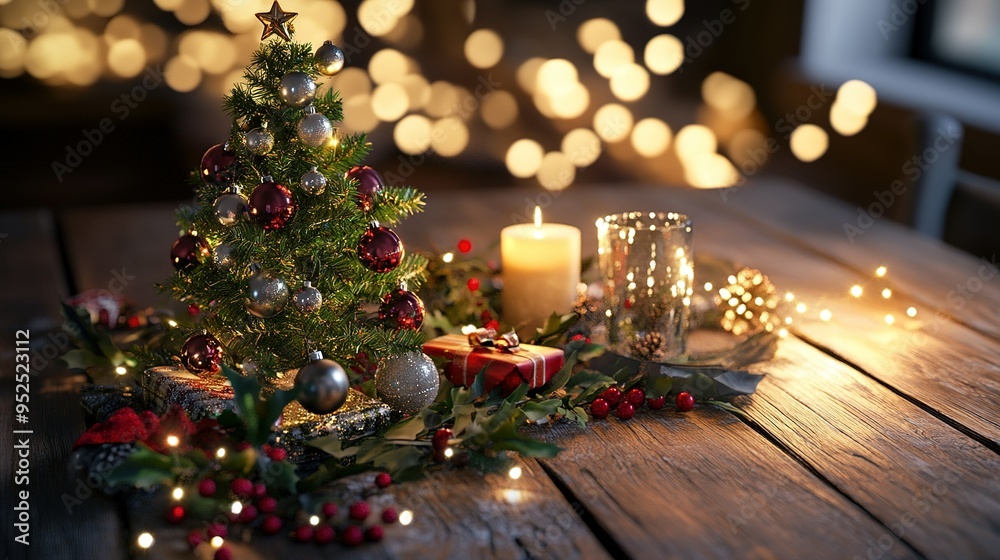 Festively decorated Christmas table featuring a small tree, candles, and holiday ornaments in a warm, cozy setting Festively decorated Christmas table featuring a small tree, candles, and holiday ornaments in a warm, cozy setting