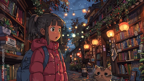 A cartoon of a girl and her cat walking through an enchanted library, with floating books and softly glowing lanterns lighting the way, the girl marveling at the magical scene,