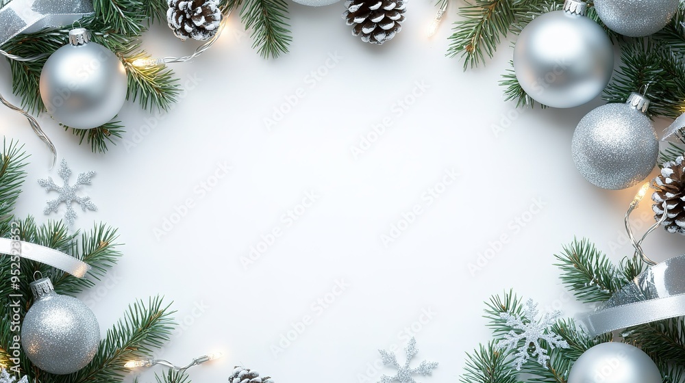 Festive holiday decorations featuring silver ornaments, pinecones, and greenery arranged on a light background for seasonal celebrations Festive holiday decorations featuring silver ornaments, pinecones, and greenery arranged on a light background for seasonal celebrations