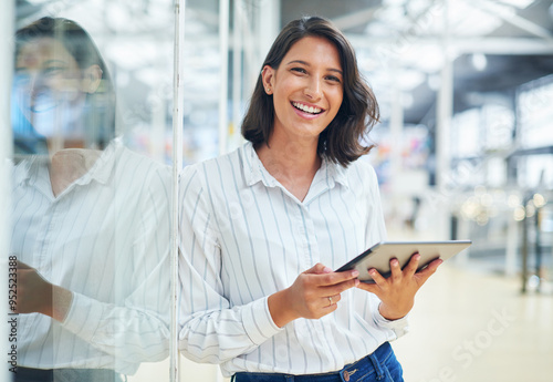 Office, tablet and businesswoman in portrait for article, local updates and breaking news on publication. Journalism, female person or journalist with digital for editing, research and online source photo