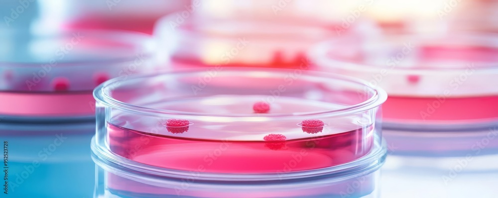 Close-up of stem cells growing in a petri dish, cell differentiation, biomedical research Close-up of stem cells growing in a petri dish, cell differentiation, biomedical research