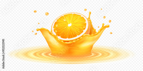 Realistic 3D orange fruit piece in fresh juice splash isolated on transparent background.