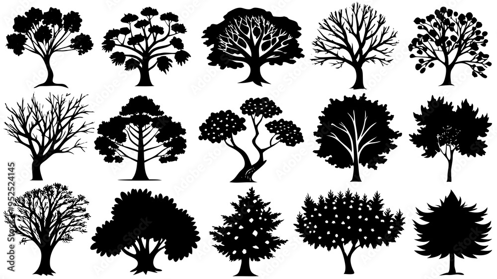 Fototapeta premium Set of forest and park trees, Big set of minimal trees