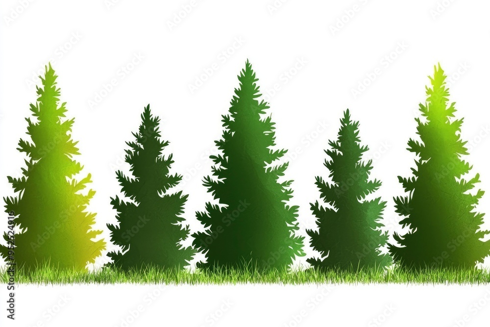 Obraz premium Silhouettes of Green Evergreen Trees with Grass
