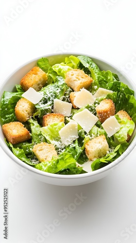 Classic Caesar Salad with Romaine Croutons and Parmesan on Clean White Background