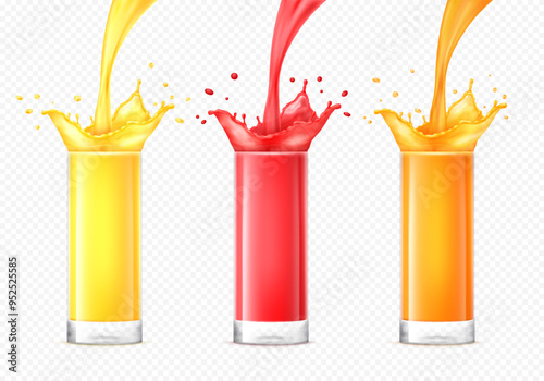 Realistic fresh fruit or berry juice in a glass with splash and stream. Healthy tropical, citrus beverage. Lemon, orange, watermelon, mango, pineapple, peach, cherry, strawberry juice.