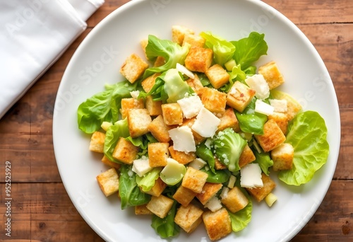 A fresh Caesar salad with crisp romaine lettuce, croutons, and Parmesan cheese, top view, on a white background 