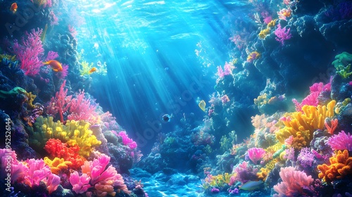 Underwater scene with mermaids exploring colorful coral gardens illuminated by sunbeams Vivid fantastical with vibrant colors fluid shapes realistic 3D marine life