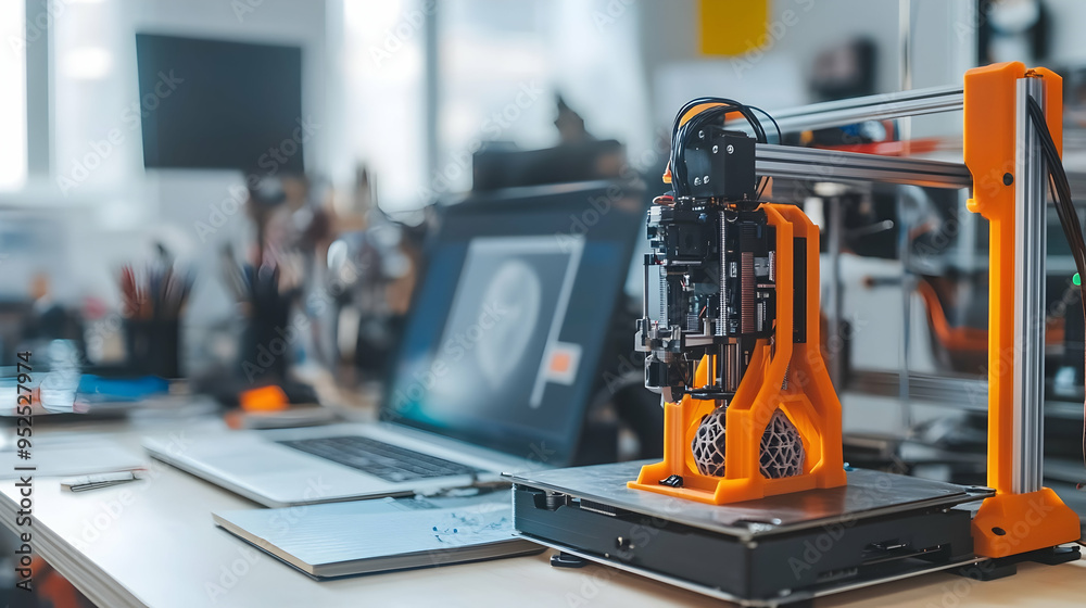 3D maker's workshop, there's an SLA 3D printer and a laptop on the table, representing the concept of 3D printing. Workplace for engineering tasks, including prototyping detailed computer models 3D maker's workshop, there's an SLA 3D printer and a laptop on the table, representing the concept of 3D printing. Workplace for engineering tasks, including prototyping detailed computer models