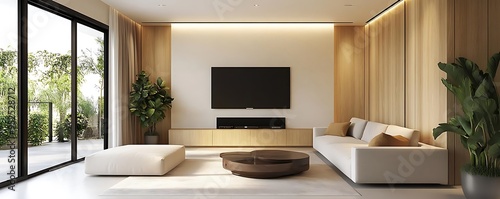 Modern Living Room Interior Design with Wooden Wall and Large Window - 3D Illustration