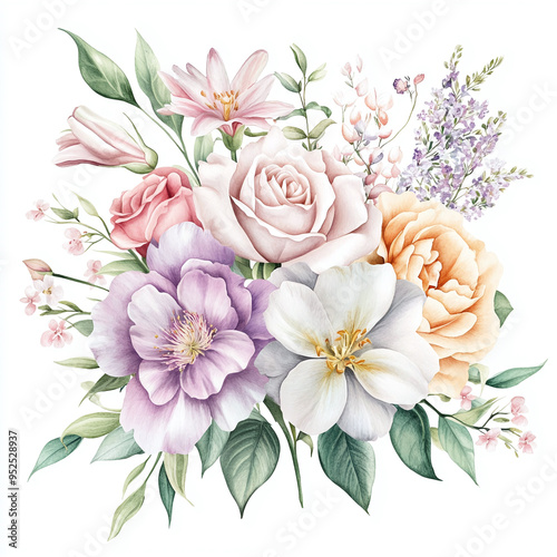 Delicate watercolor bouquet of variery of flowers and lush green leaves. Pastel colors. Isolated on white Background. photo