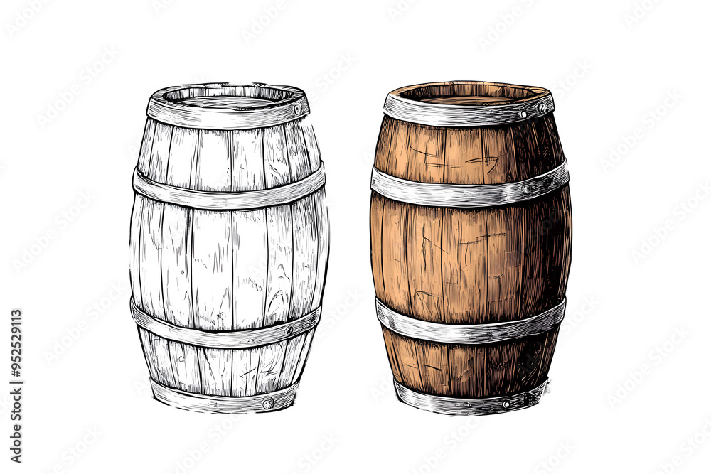 Wood barrel. Hand drawn sketch engraving style vector illustrations Wood barrel. Hand drawn sketch engraving style vector illustrations