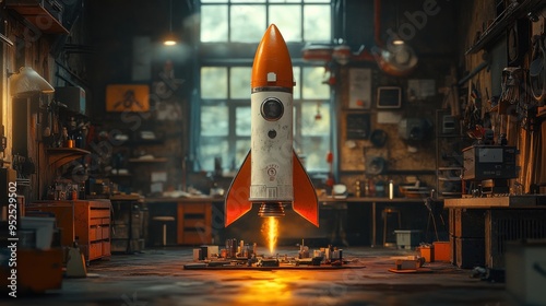 School supplies constructing a DIY rocket in stop-motion style. Warm, workshop lighting. Inventor's garage background.  photo