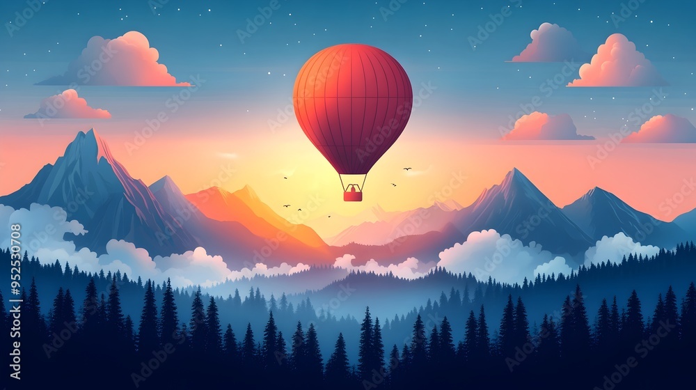 Fototapeta premium Hot Air Balloon Soaring Over Forested Hills - Exploration and Freedom in Breathtaking Natural Landscape