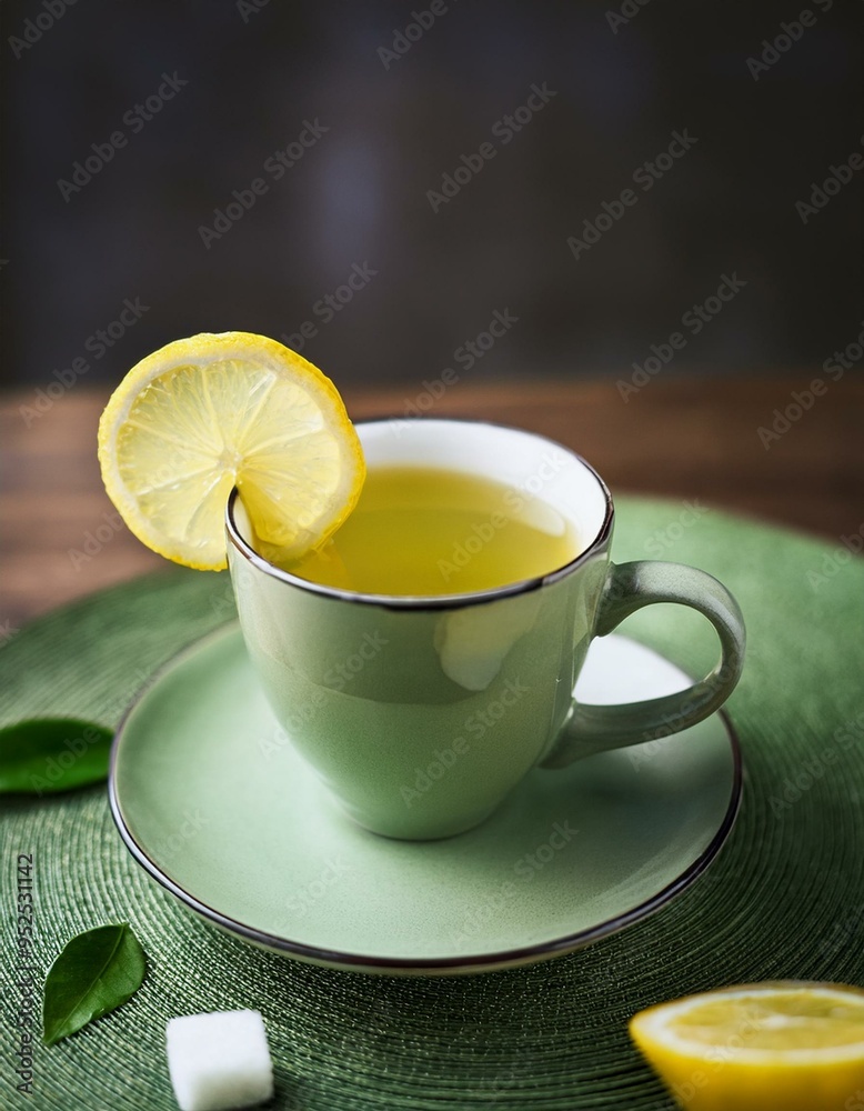 Cup of green tea with a lemon wedge on the side, rich in antioxidants, brain-stimulating beverage. art healthy eating hot drink Cup of green tea with a lemon wedge on the side, rich in antioxidants, brain-stimulating beverage. art healthy eating hot drink