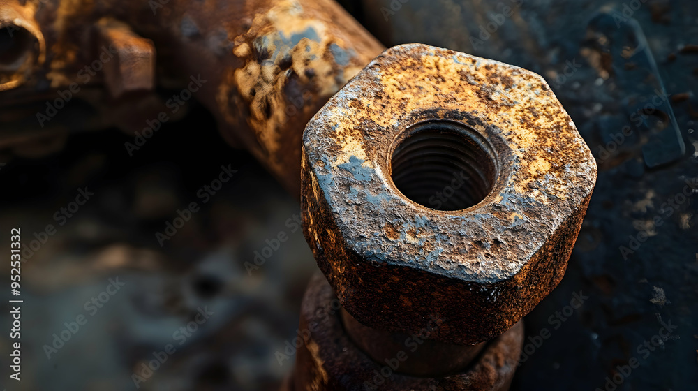 A detailed image of a weathered wheel nut, highlighting the rust and degradation accumulated over time from exposure to harsh conditions. A detailed image of a weathered wheel nut, highlighting the rust and degradation accumulated over time from exposure to harsh conditions.