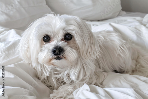 a white dog laying on a bed with white sheets