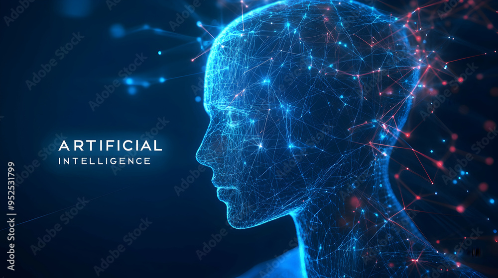A digital illustration of an AI head with glowing neural connections, set against a deep blue background The text A digital illustration of an AI head with glowing neural connections, set against a deep blue background The text