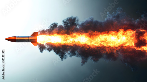 rocket missile launched isolated on transparent background ,missile with fire trail 