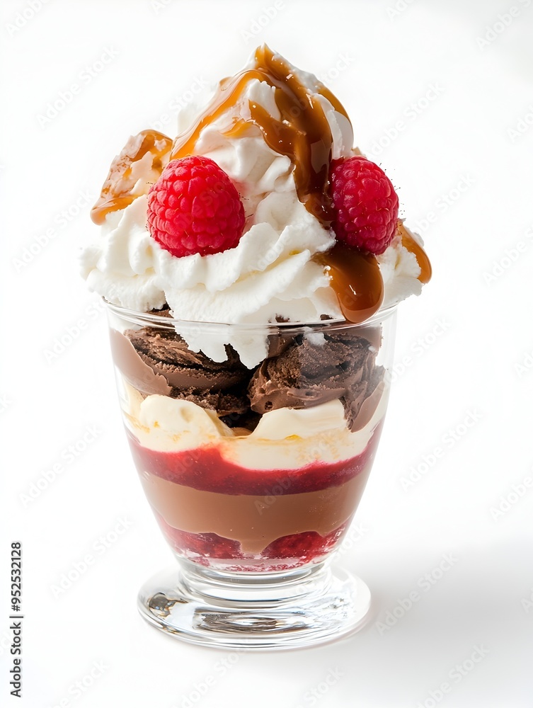 Decadent Ice Cream Sundae with Chocolate Raspberry and Caramel in Glass Cup on Minimalist White Background Decadent Ice Cream Sundae with Chocolate Raspberry and Caramel in Glass Cup on Minimalist White Background