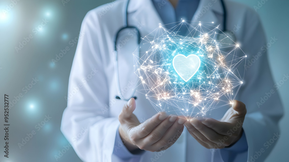 A doctor holds an icon representing health and an electronic medical record on a virtual interface, discussing digital healthcare and network connections illustration A doctor holds an icon representing health and an electronic medical record on a virtual interface, discussing digital healthcare and network connections illustration