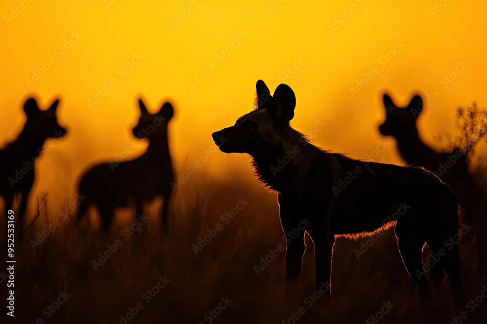 Silhouette of wild dogs in the African bushveld Silhouette of wild dogs in the African bushveld