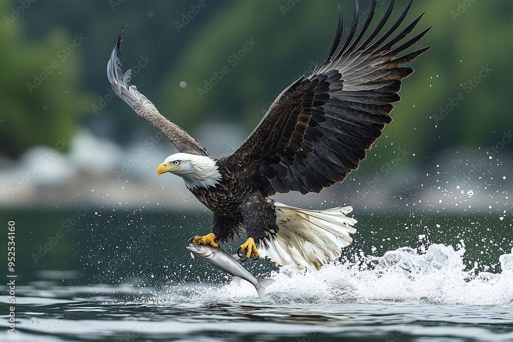 Fototapeta premium Majestic bald eagle captures a fish from a serene water body, showcasing its powerful hunting skills.