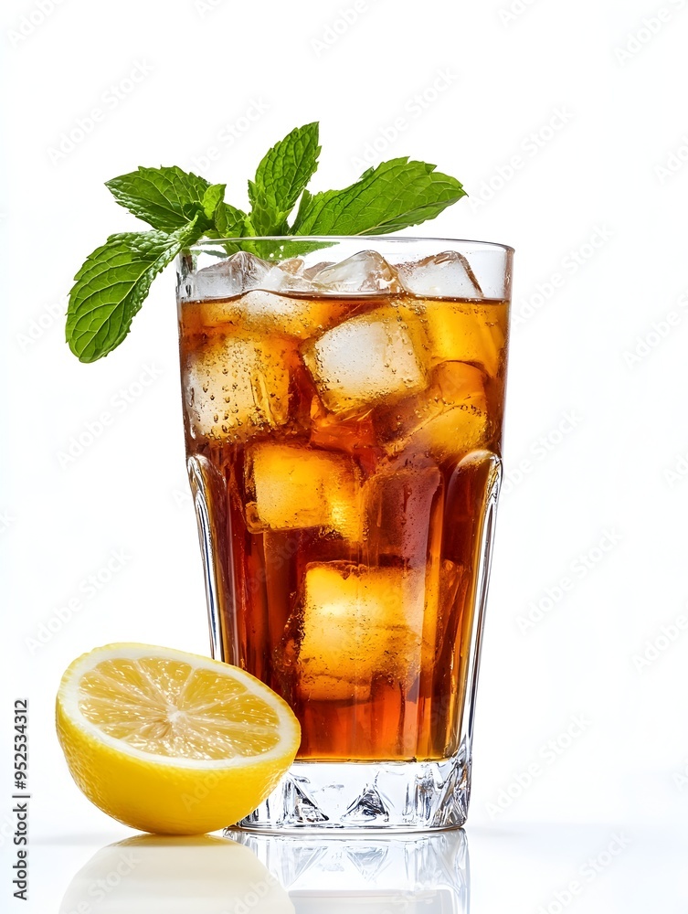 Elegant Chilled Iced Tea with Lemon Slice and Mint Leaves on White Tabletop Elegant Chilled Iced Tea with Lemon Slice and Mint Leaves on White Tabletop