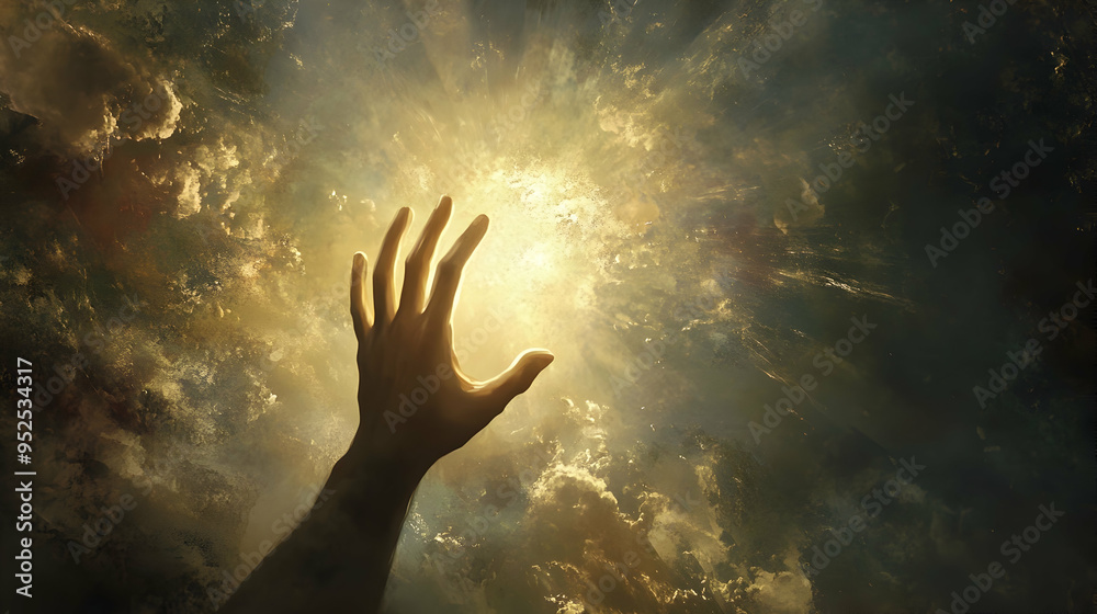 A hand with an open palm reaches out to the divine light, A hand with an open palm reaches out to the divine light,