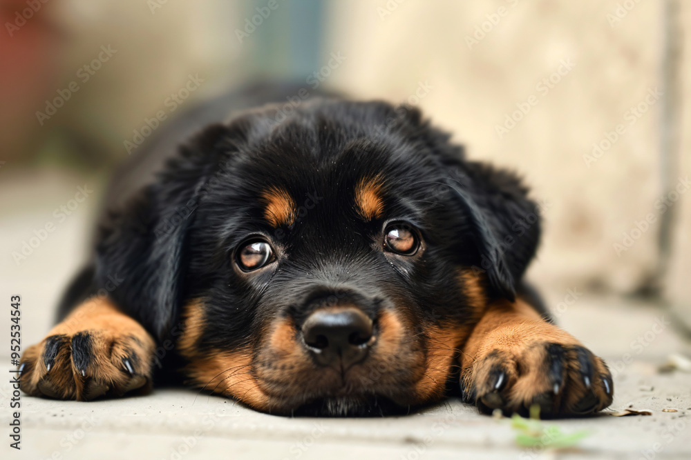 a puppy laying on the ground looking at the camera a puppy laying on the ground looking at the camera
