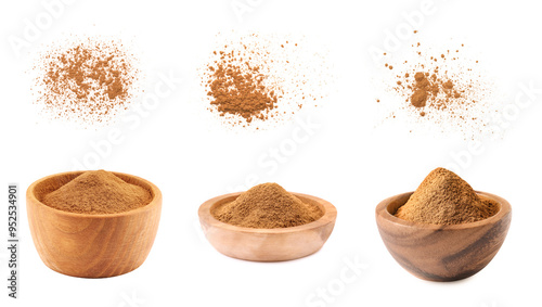 Aromatic cinnamon powder on white background, set photo