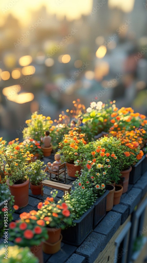 Naklejka premium A miniature urban rooftop garden bursting with colorful flowers, with a small figure relaxing, capturing a tranquil sunset vibe.