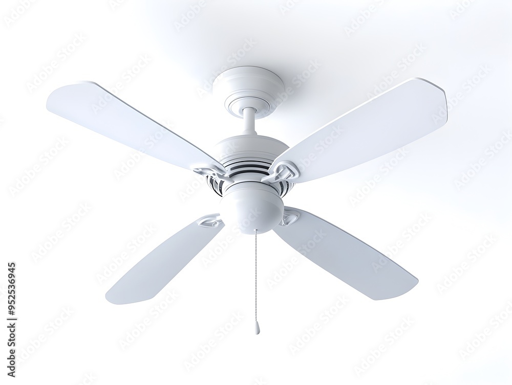 Elegantly Spinning Ceiling Fan Floating on Stark White Background Elegantly Spinning Ceiling Fan Floating on Stark White Background