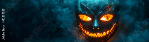 Glossy Halloween Mask Background with Firelight concept as A glossy background featuring a Halloween mask illuminated by firelight in a dark mysterious setting. Perfect for Halloween party advertiseme photo