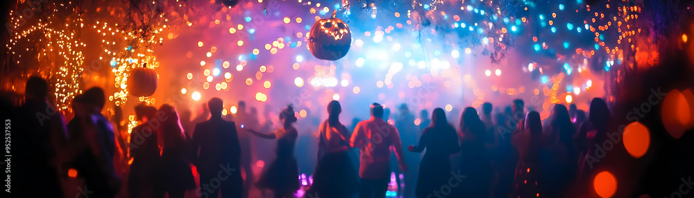 Candid Halloween Dance Party concept as A candid shot of people dancing in costume at a Halloween party with vibrant lights and festive decorations. The scene captures the energy and fun perfect for a Candid Halloween Dance Party concept as A candid shot of people dancing in costume at a Halloween party with vibrant lights and festive decorations. The scene captures the energy and fun perfect for a