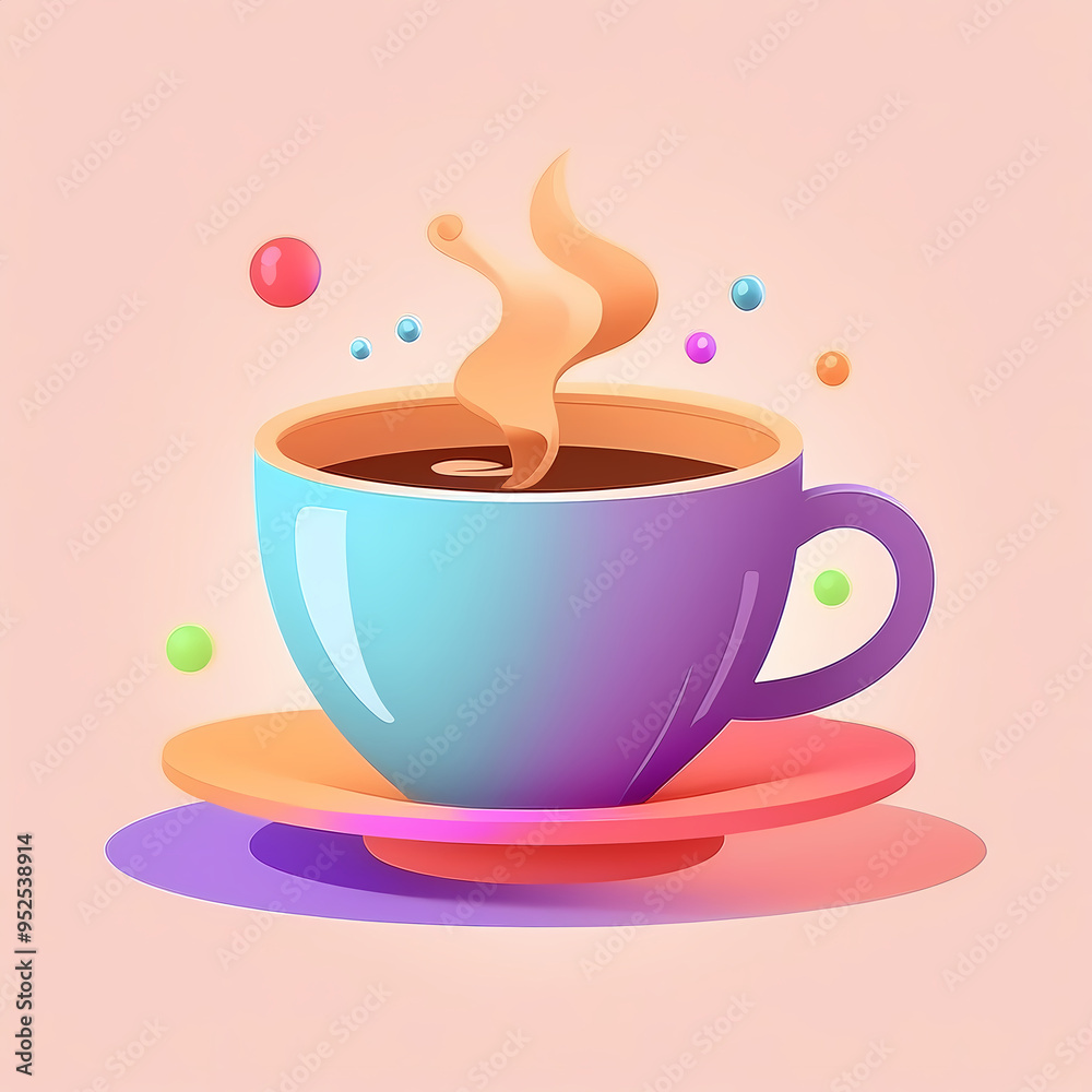 Colorful 2D Illustration of a Coffee Cup with Steam and Colorful Spheres Colorful 2D Illustration of a Coffee Cup with Steam and Colorful Spheres
