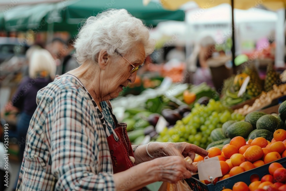elderly woman selecting fresh produce at an outdoor farmers market elderly woman selecting fresh produce at an outdoor farmers market