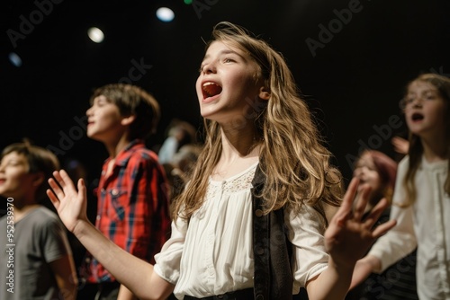 Children passionately singing on stage during a musical performance, expressions full of emotion
