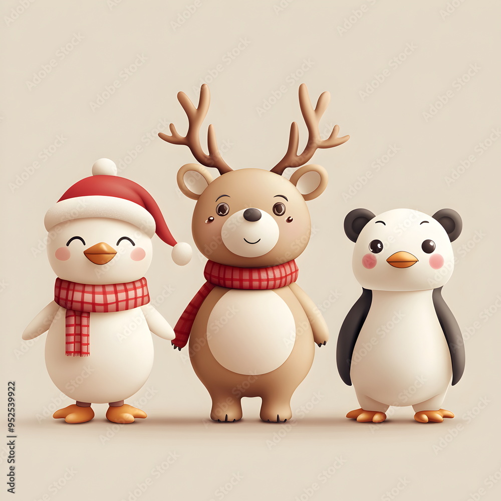 A 3D set of 3 Christmas characters in clay design, including Santa Claus, a reindeer, and a penguin, adorable and festive, 3d render pastel color, isolated on a clean background A 3D set of 3 Christmas characters in clay design, including Santa Claus, a reindeer, and a penguin, adorable and festive, 3d render pastel color, isolated on a clean background