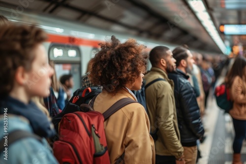 diverse group of commuters standing on a crowded metro platform, waiting for the train