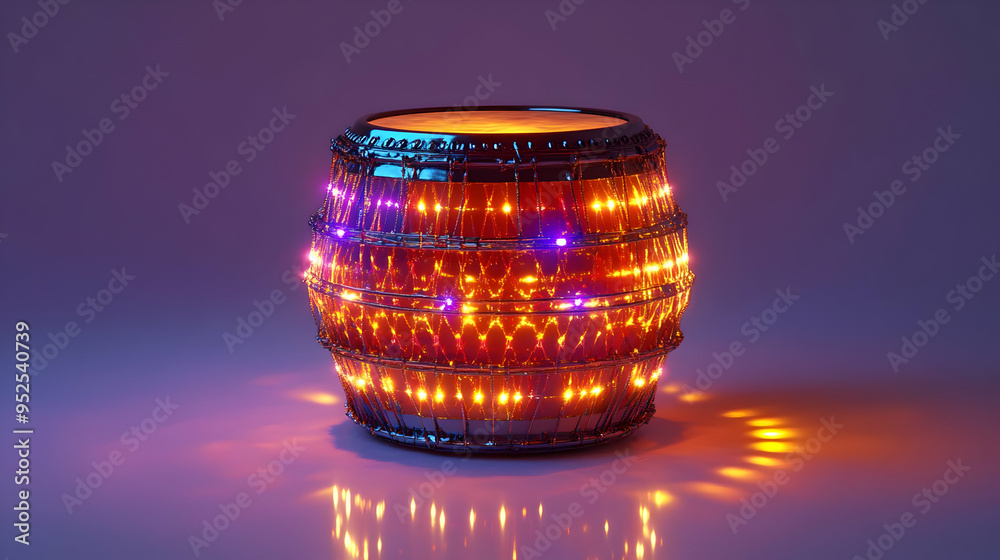 3D Holographic Drum and Conch with Sound Text concept as A dynamic photo featuring a glowing holographic drum and conch symbolizing the sound of celebration during Dussehra. The design includes ample 3D Holographic Drum and Conch with Sound Text concept as A dynamic photo featuring a glowing holographic drum and conch symbolizing the sound of celebration during Dussehra. The design includes ample